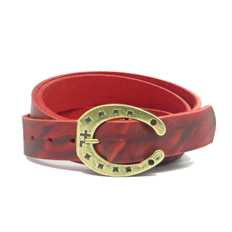 Ledergürtel 3 cm breit rot Büffelleder mit Hufeisenschnalle