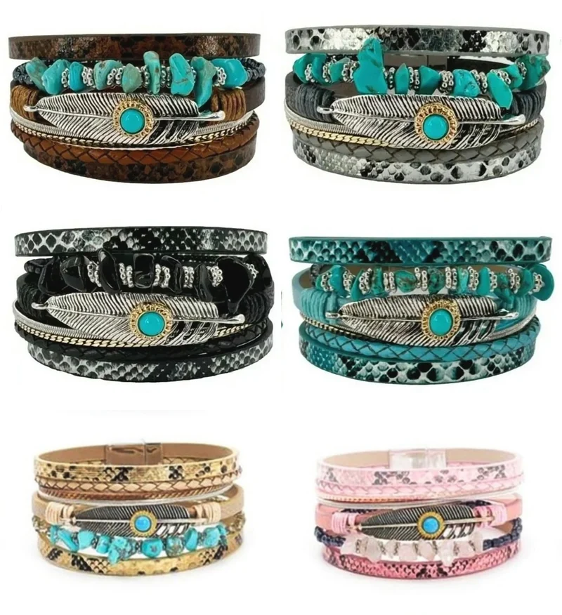 Lederarmband im Westernstyle Country Feder Perlen türkise Steine 5 Stränge