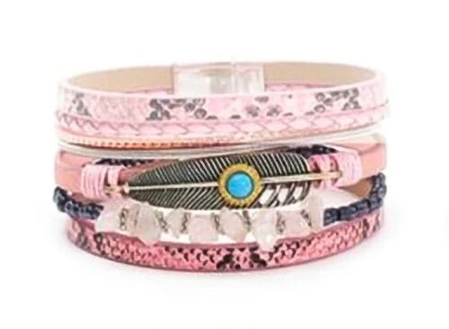 Lederarmband im Westernstyle Country Feder Perlen türkise Steine 5 Stränge