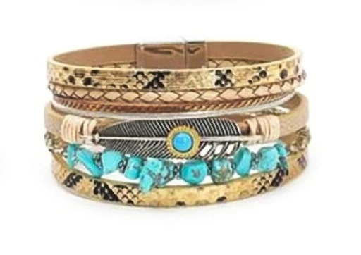 Lederarmband im Westernstyle Country Feder Perlen türkise Steine 5 Stränge