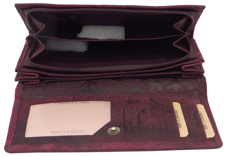 Geldbörse Portemonnaie Organizer lila für Damen Blumenmuster Büffelleder LW003