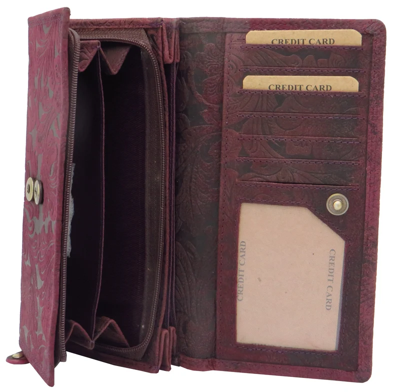 Geldbörse Portemonnaie Organizer lila für Damen Blumenmuster Büffelleder LW003