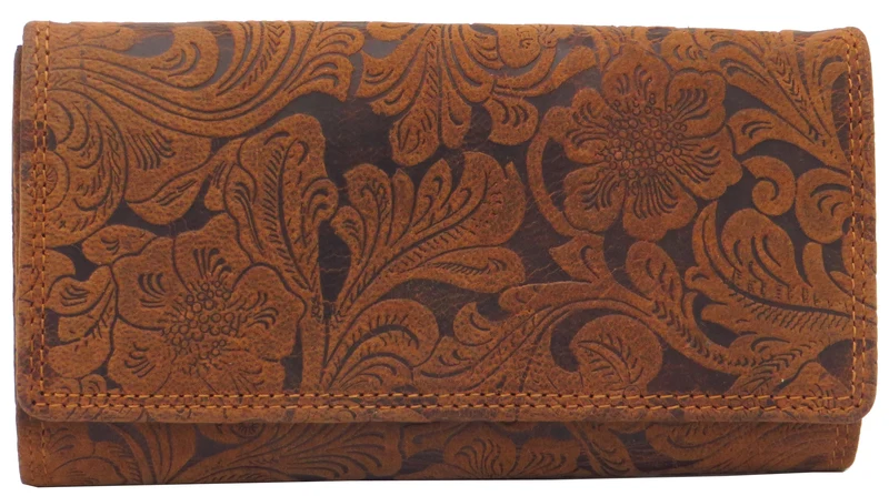 Geldbörse Portemonnaie Organizer braun für Damen Blumenmuster Büffelleder LW003