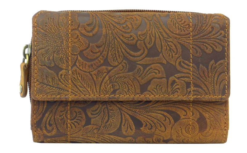 Geldbörse Portemonnaie Organizer braun für Damen Blumenmuster Büffelleder LW002