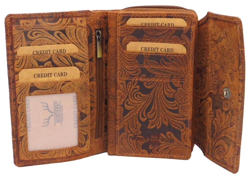 Geldbörse Portemonnaie Organizer braun für Damen Blumenmuster Büffelleder LW002