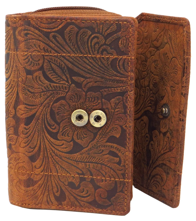 Geldbörse Portemonnaie Organizer braun für Damen Blumenmuster Büffelleder LW002