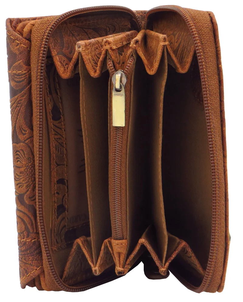 Geldbörse Portemonnaie Organizer braun für Damen Blumenmuster Büffelleder LW002