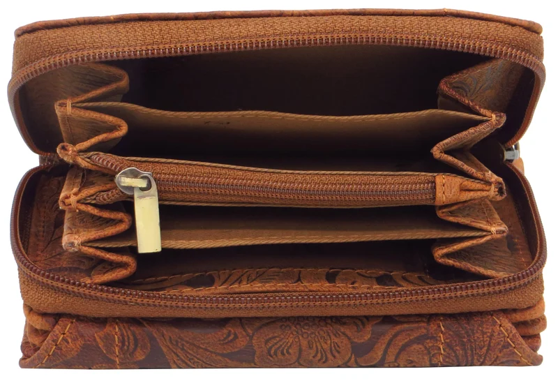 Geldbörse Portemonnaie Organizer braun für Damen Blumenmuster Büffelleder LW002