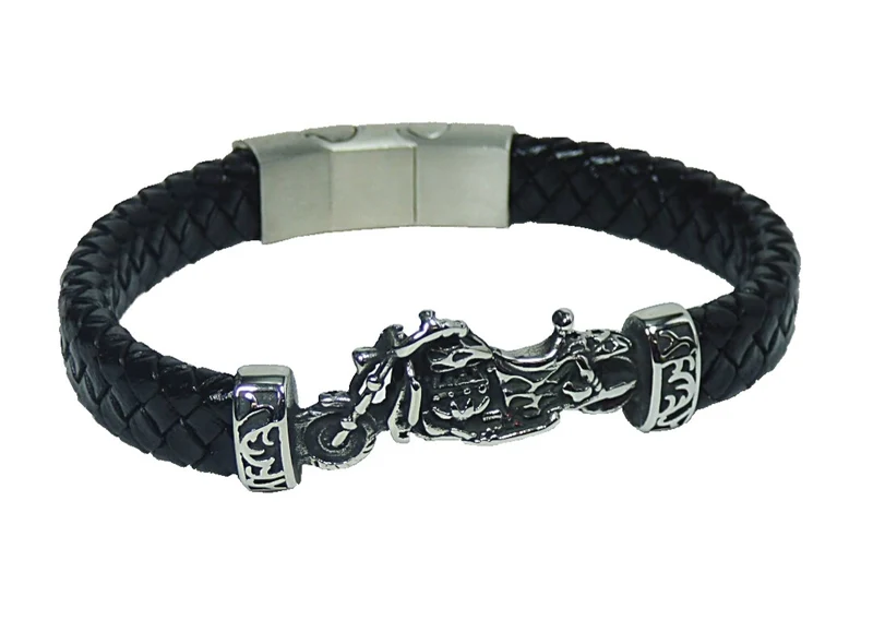 Stabiles Lederarmband geflochten mit Motorrad Bike aus Edelstahl