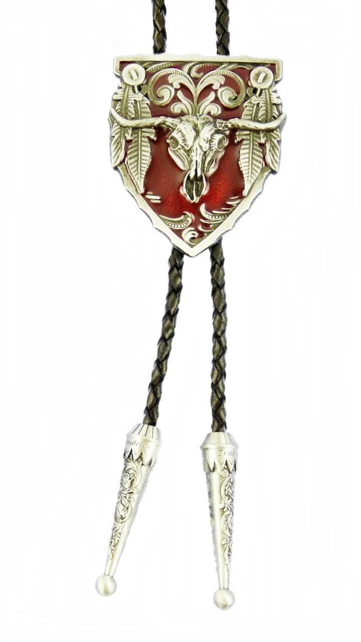 Pfeilspitze mit Longhorn Skull rot Federn Bolo Tie Westernkrawatte Line Dance