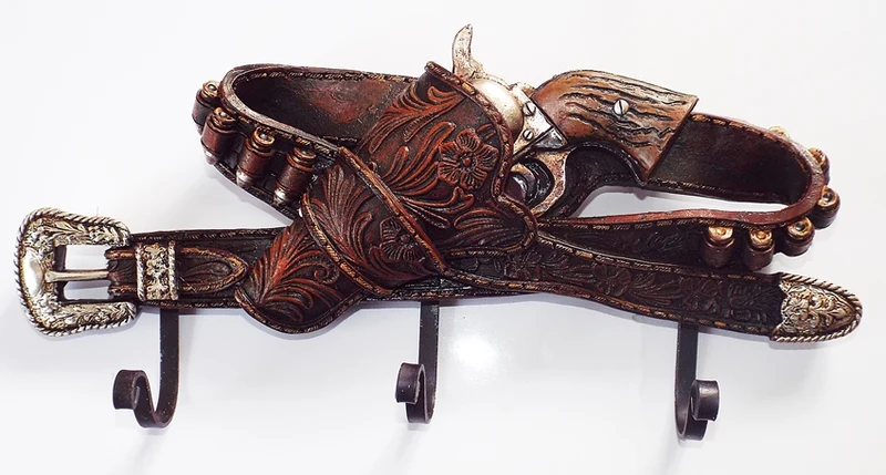 3er Kleiderhaken Garderobehaken Wandhaken Western Belt & Gun, Holster Colt 30cm