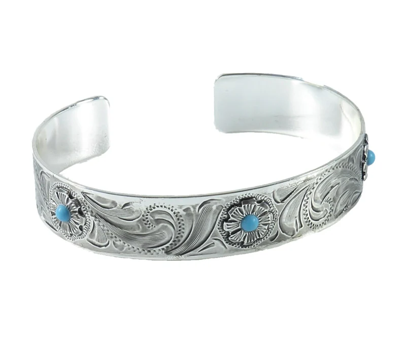 Armreifen Armspange aus German Silver Handgraviert mit türkisen Steinen