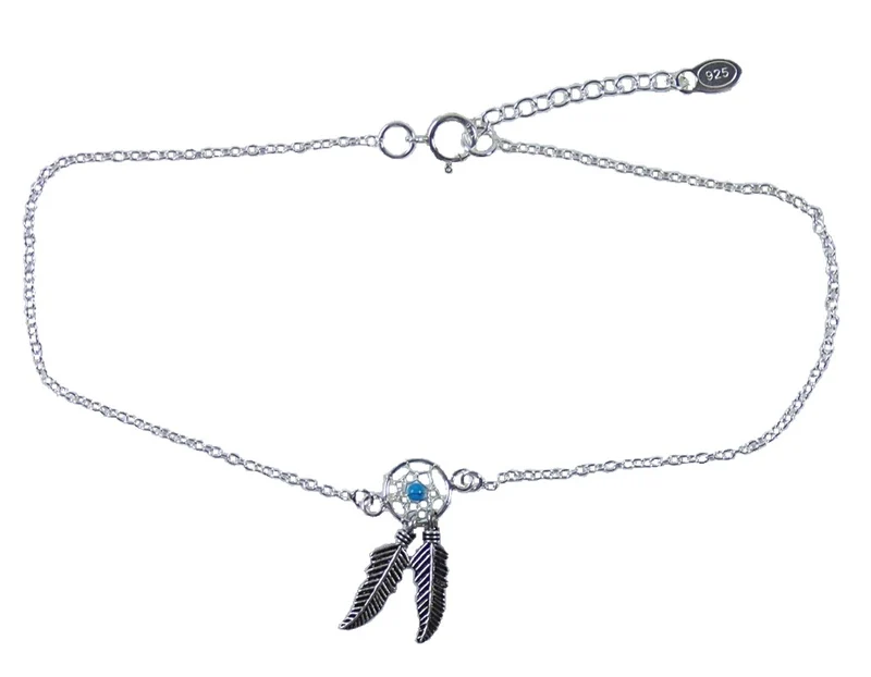 Fußkette Fußkettchen Traumfänger mit Feder türkise Perle 925er Sterling Silber