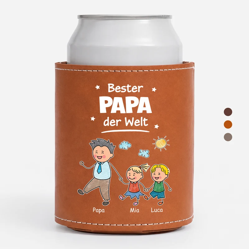 Bester Papa Der Welt - Personalisiertes Geschenk | Leder Dosenkühler Papa Opa Buntstifte