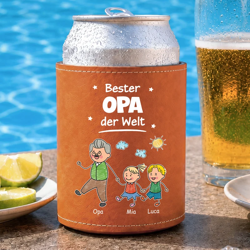 Bester Papa Der Welt - Personalisiertes Geschenk | Leder Dosenkühler Papa Opa Buntstifte