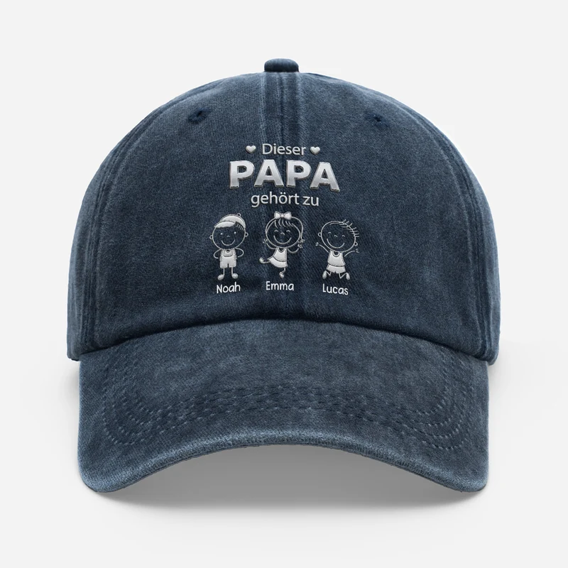 [3D-Optik] Dieser Papa Gehört Zu - Personalisiertes Geschenk | Washed Cap Papa Mama Metall