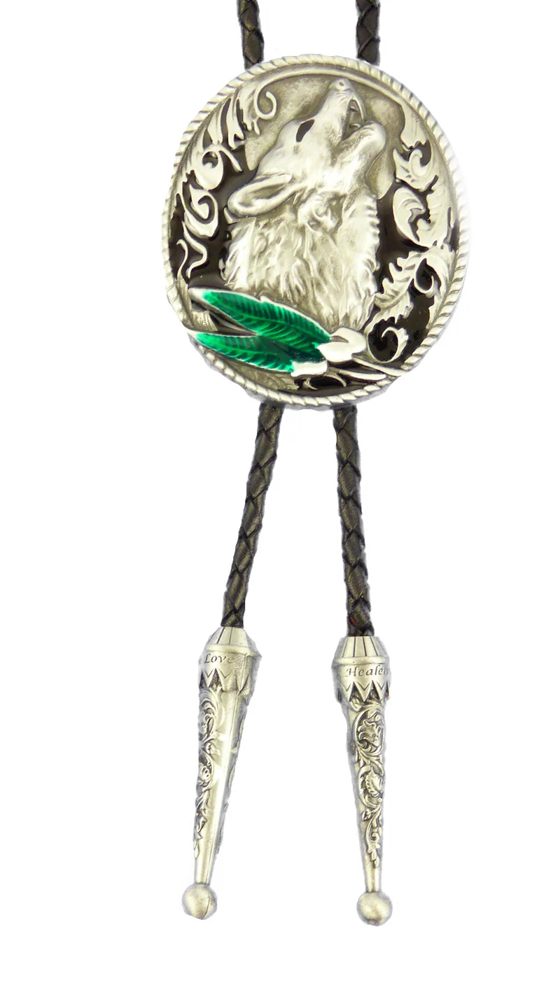Bolo Tie Westernkrawatte Heulender Wolf Federn Line Dance
