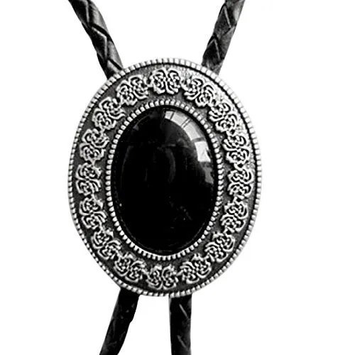 Vintage Bolo Tie Schwarzer Achat, Westernkrawatte, echt versilbert