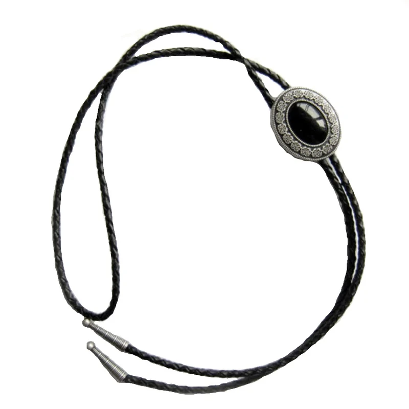 Vintage Bolo Tie Schwarzer Achat, Westernkrawatte, echt versilbert