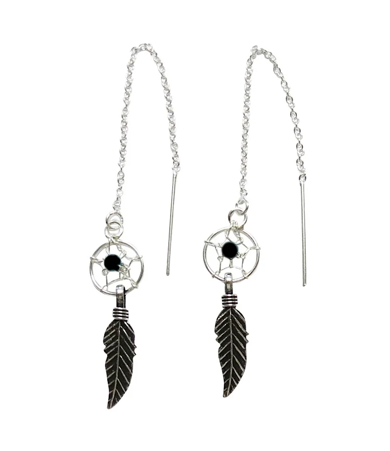 Ohrringe Durchzieher Traumfänger Feder 925 er Sterling Silber Onyx
