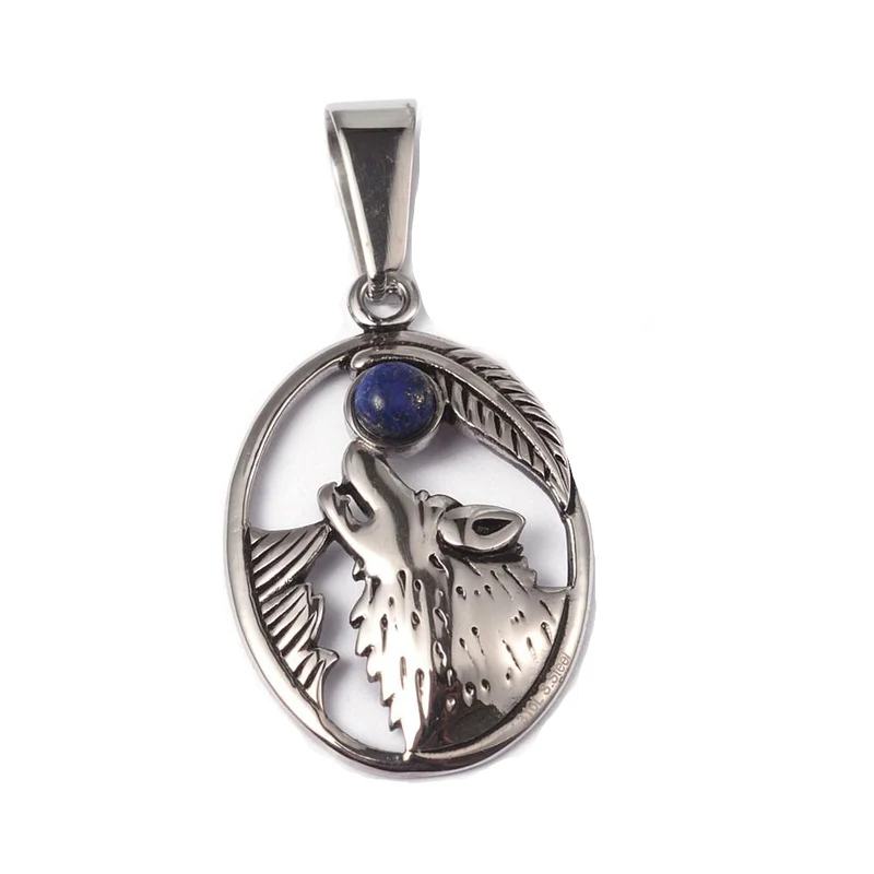 Anhänger Kettenanhänger aus Edelstahl Heulender Wolf mit Mond aus Lapislazuli