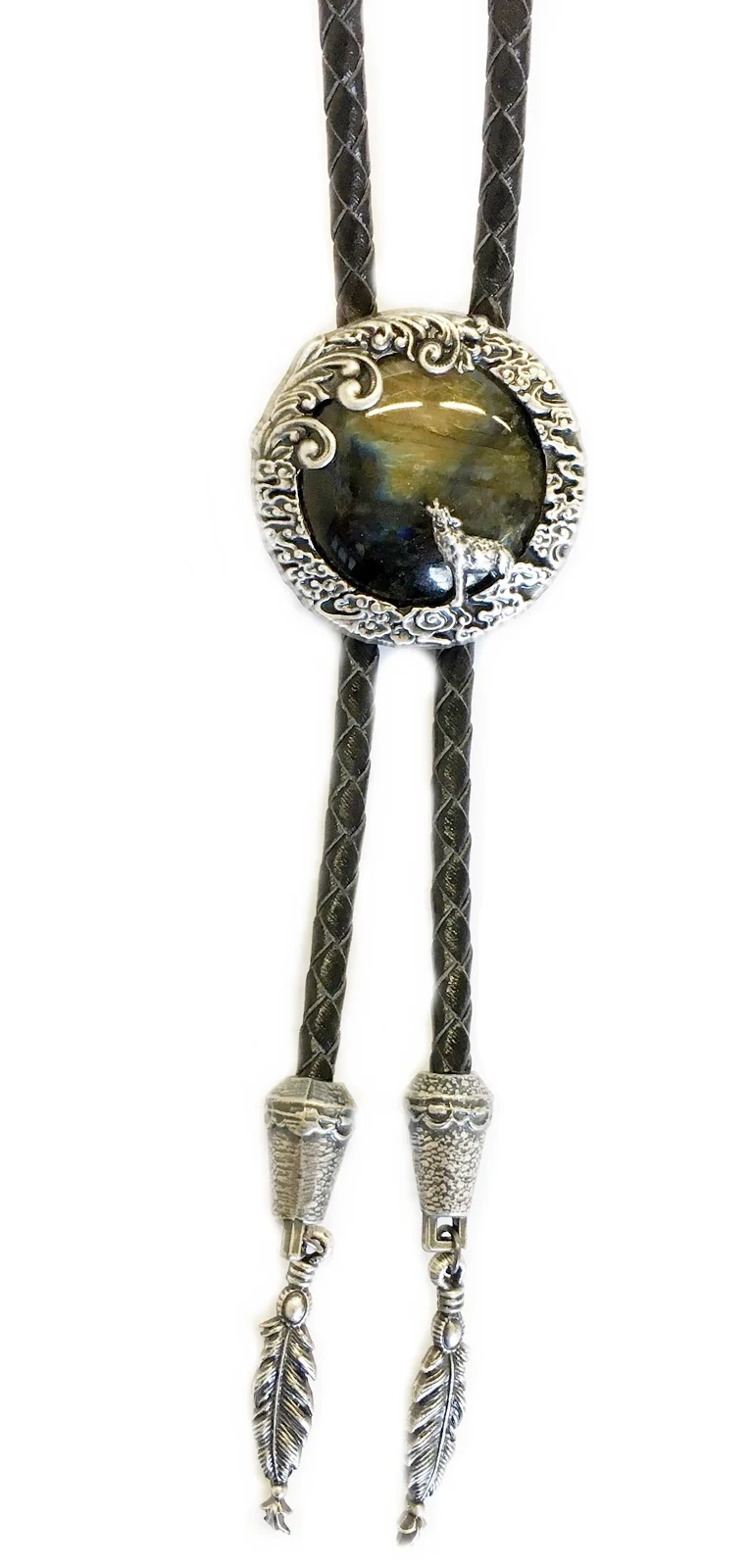 Labradorit Vintage Bolo Tie Westernkrawatte Heulender Wolf versilbert