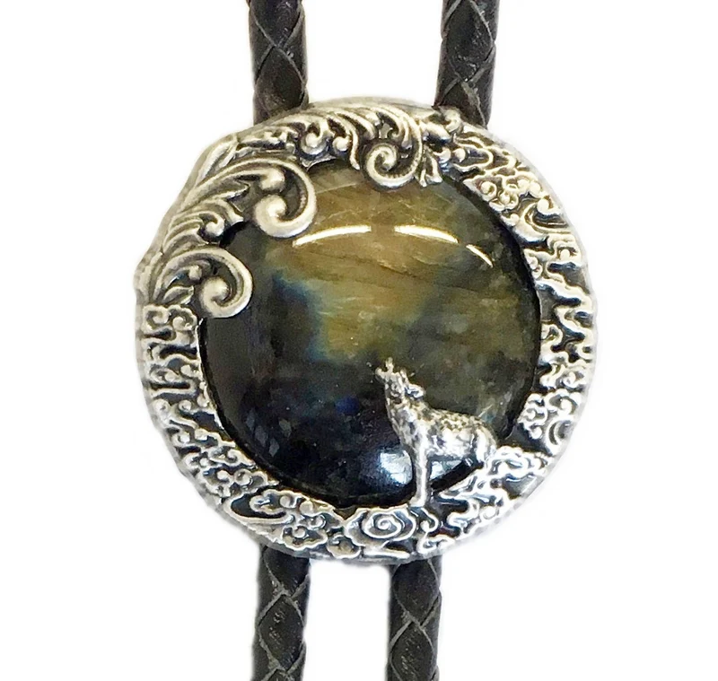 Labradorit Vintage Bolo Tie Westernkrawatte Heulender Wolf versilbert