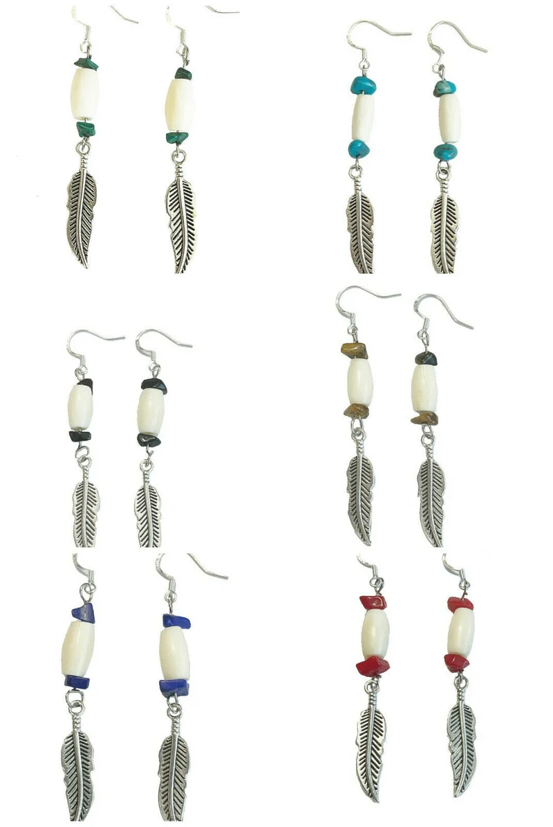 Ohrringe Ohrhänger Indianerschmuck Westernschmuck Feder Knochen Bein Edelsteine