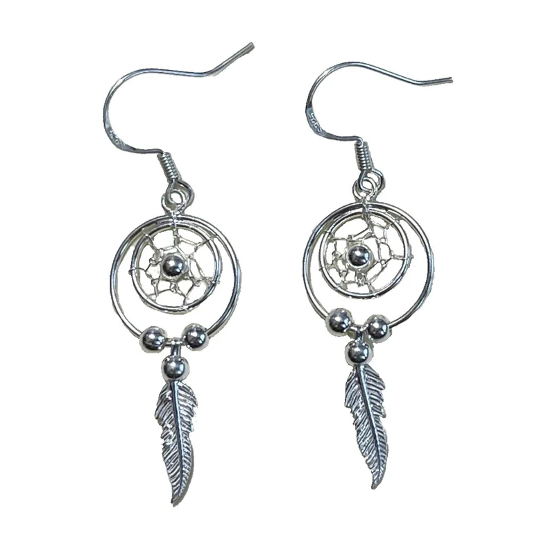 Ohrringe Ohrhänger Traumfänger mit silbernen Perlen und Feder 925er Sterling Silber