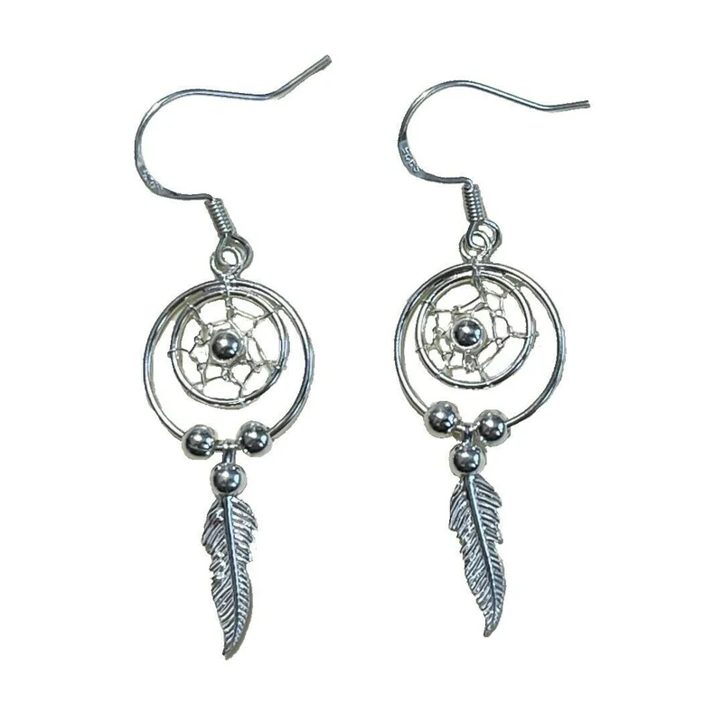 Ohrringe Ohrhänger Traumfänger mit silbernen Perlen und Feder 925er Sterling Silber