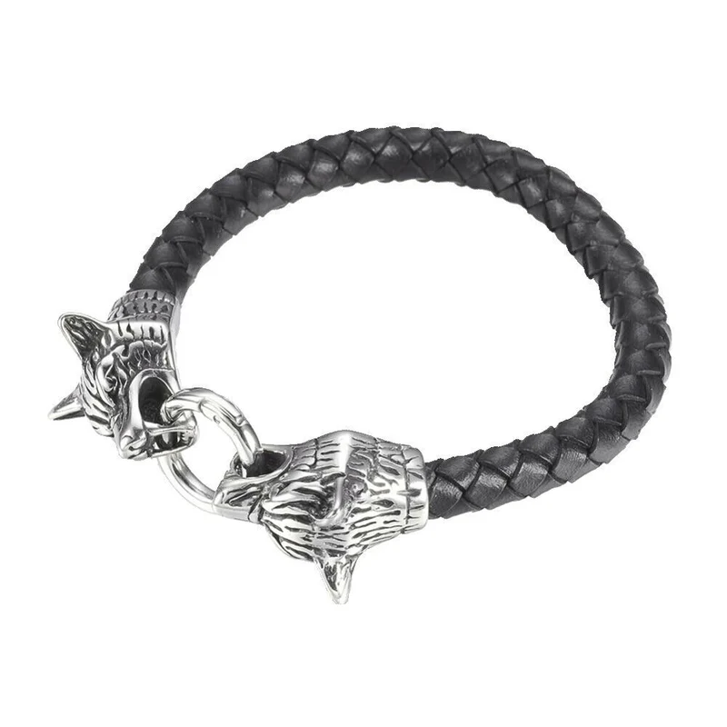 Armband geflochtenes echtes Leder und Edelstahl 304 Wolf Wolfskopf