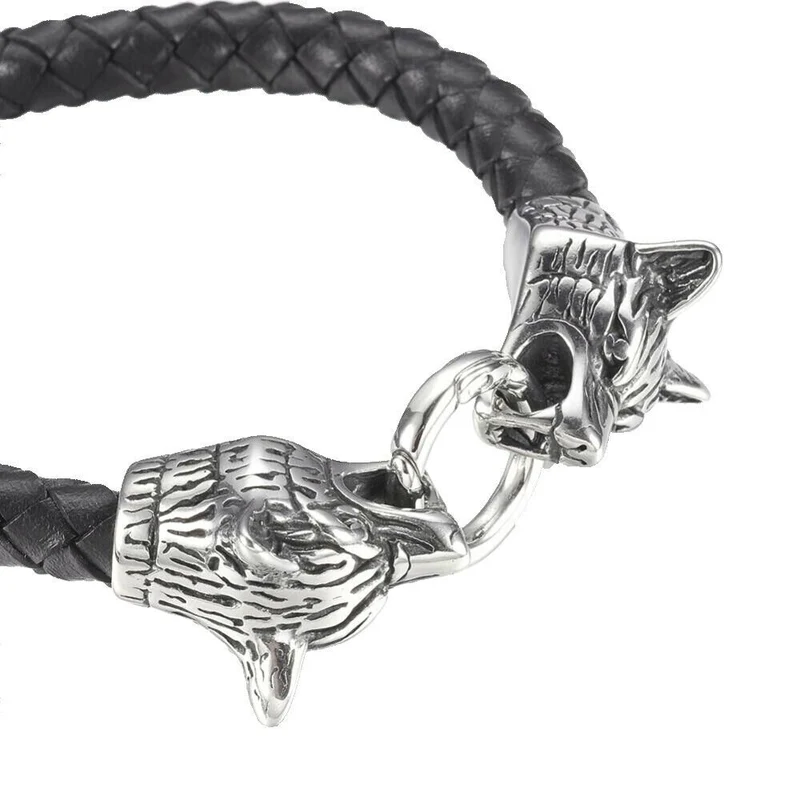 Armband geflochtenes echtes Leder und Edelstahl 304 Wolf Wolfskopf
