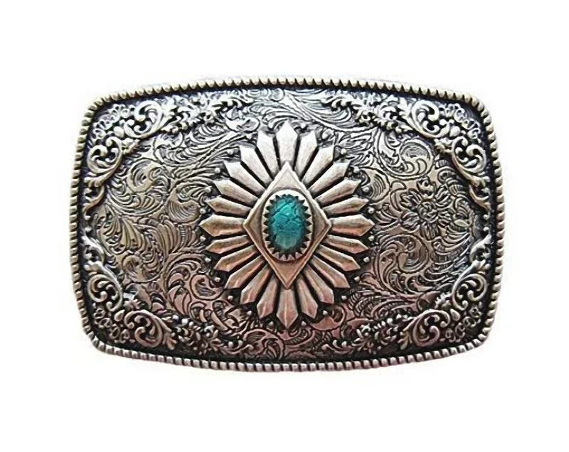 Versilberte Gürtelschnalle Buckle Westernornament mit türkisem Stein