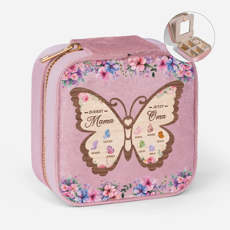 Erst Mama Jetzt Oma - Personalisiertes Geschenk | Schmuckkästchen Samt Große Schmetterlinge