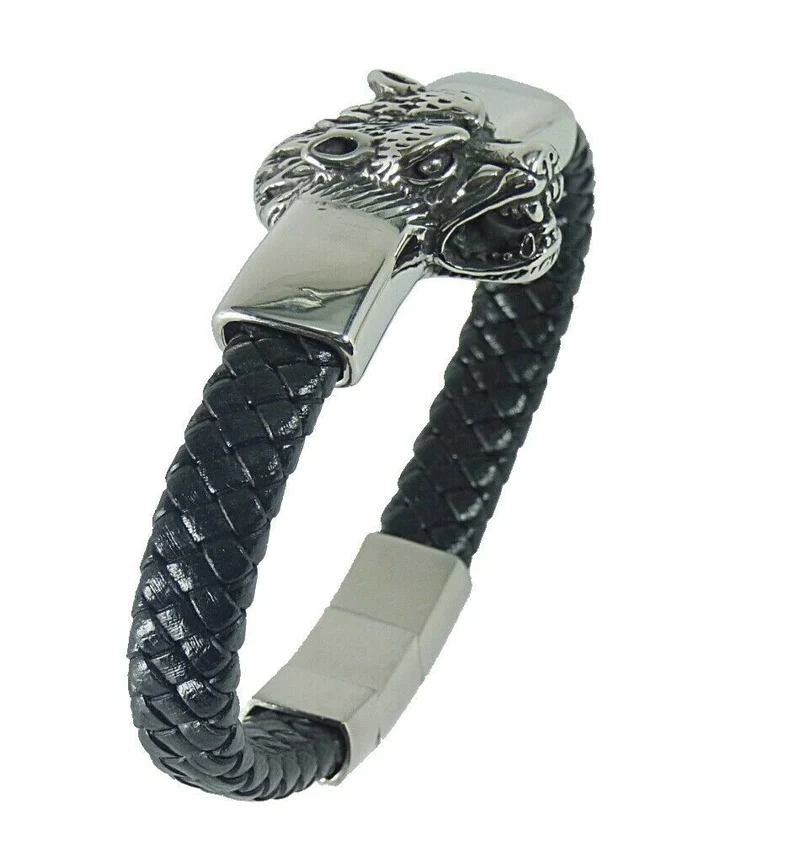Stabiles Lederarmband geflochten mit Wolf Wolfskopf aus Edelstahl
