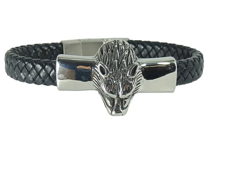 Stabiles Lederarmband geflochten mit Wolf Wolfskopf aus Edelstahl