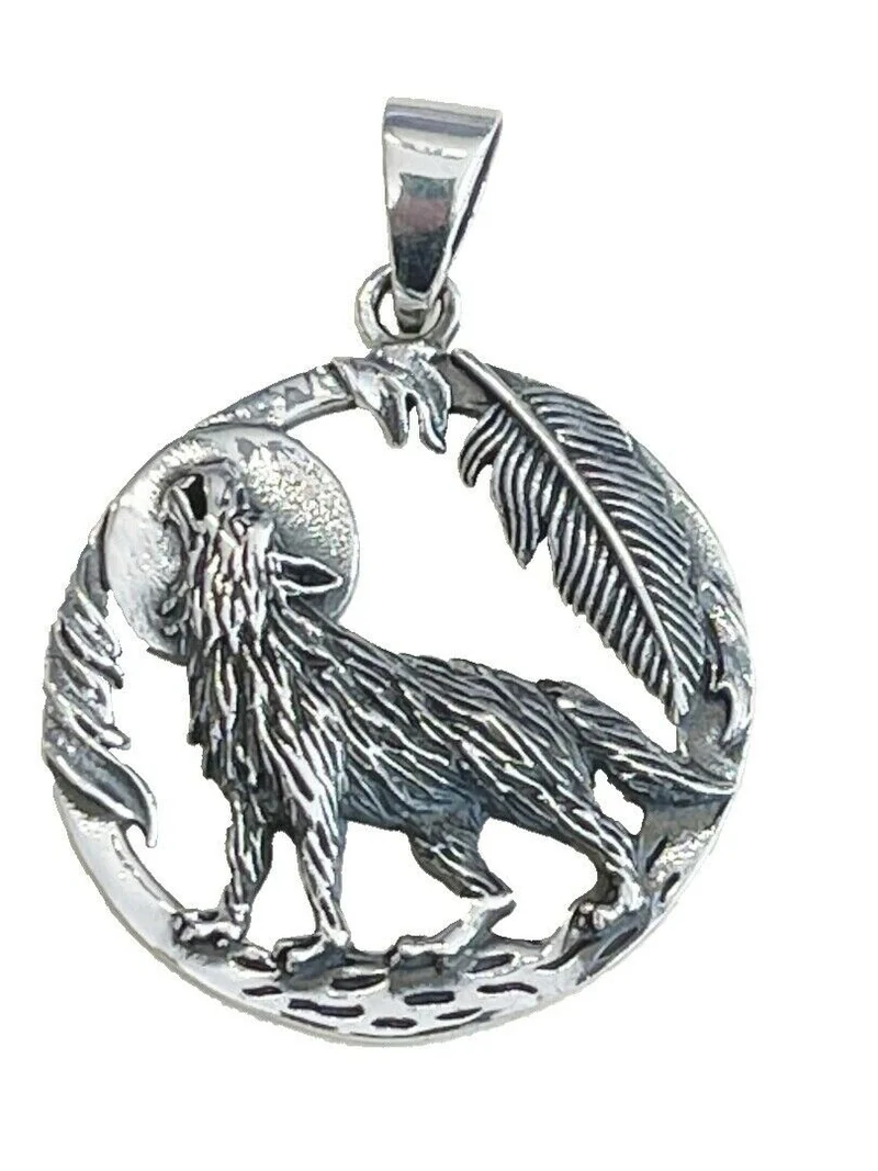 Anhänger Kettenanhänger aus 925er Silber heulender Wolf mit Mond und Feder