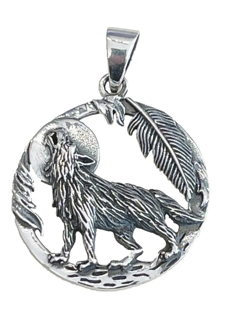 Anhänger Kettenanhänger aus 925er Silber heulender Wolf mit Mond und Feder