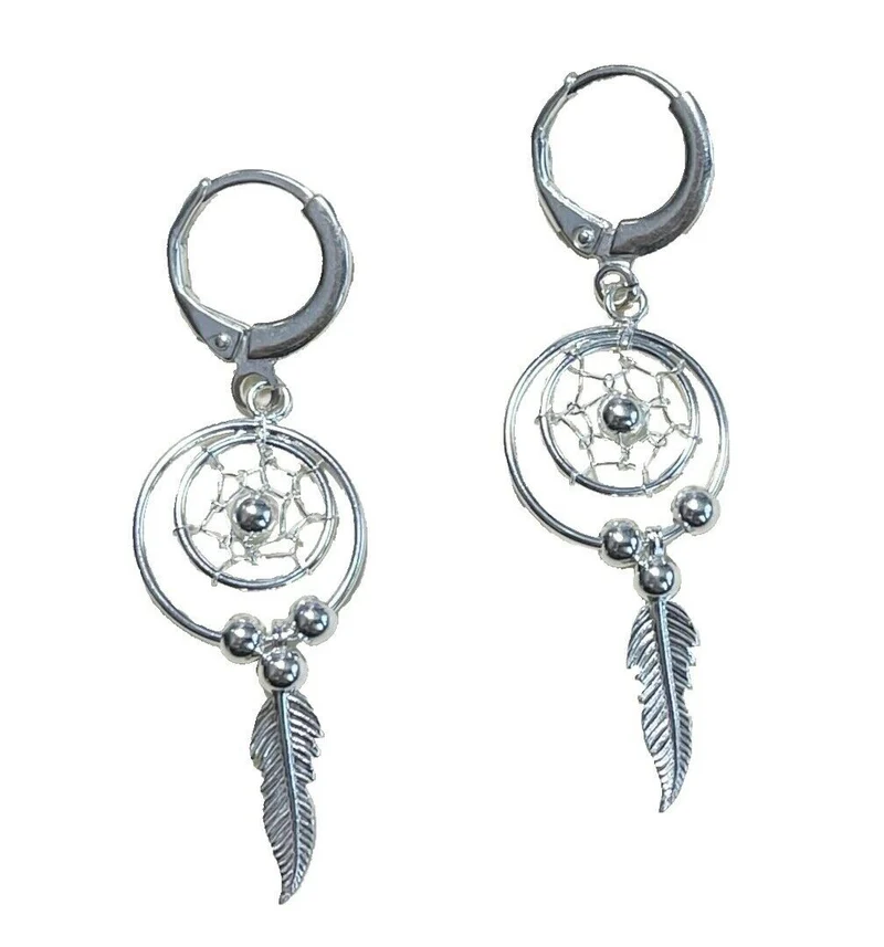 Ohrringe Creolen mit Scharnier, Anhänger Traumfänger 925er Sterling Silber