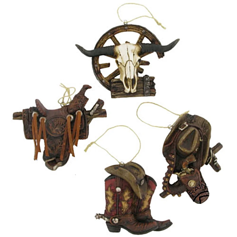 4er Set Westerndekoration Wandbehang Baumbehang Cowboyhut Cowboystiefel Sattel