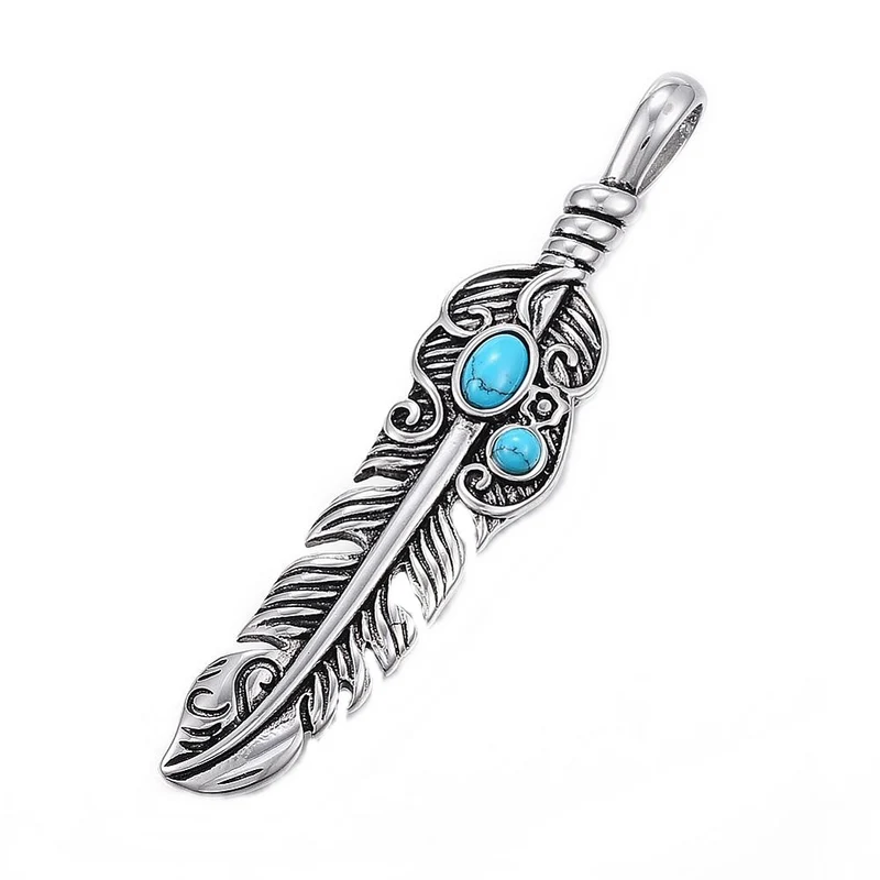 Anhänger Kettenanhänger Edelstahl Feder mit 2 türkisen Steinen Indianerschmuck