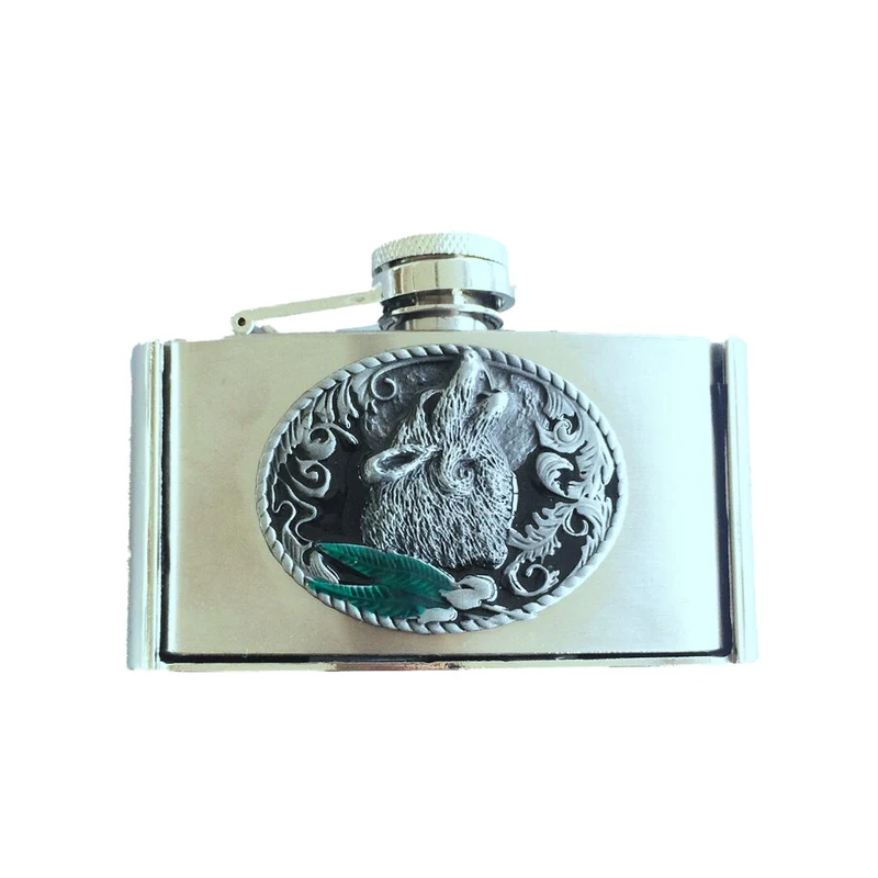 Gürtelschnalle Buckle mit Taschenflasche Flachmann Heulender Wolf