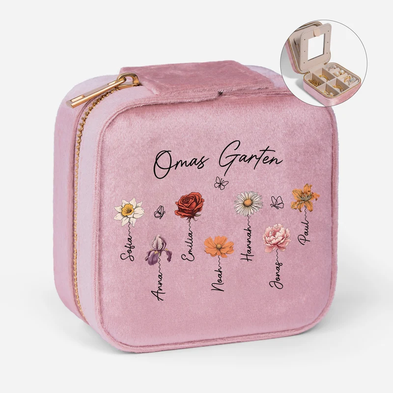 Omas Garten - Personalisiertes Geschenk | Schmuckkästchen Samt Oma Mama Schmetterlinge Lineart