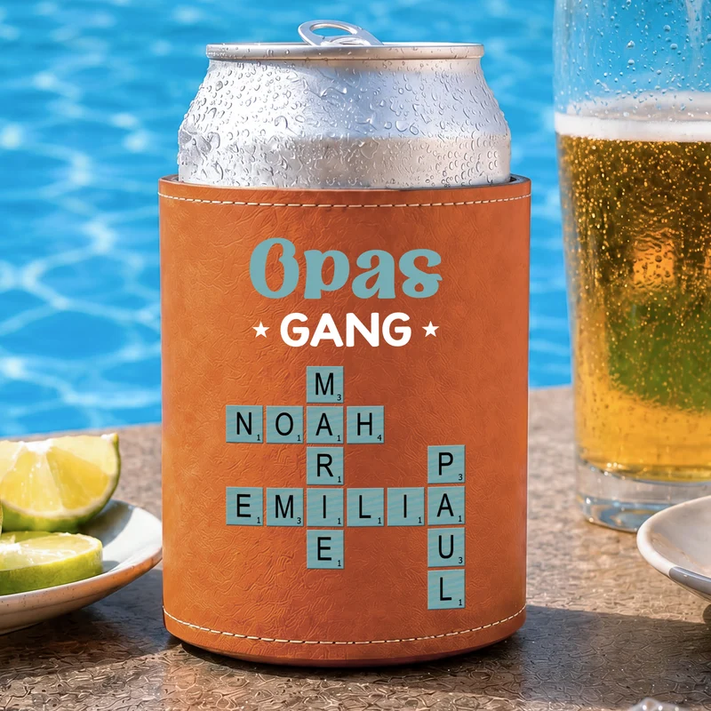 Papas Gang - Personalisiertes Kreuzworträtsel Geschenk | Leder Dosenkühler Papa Opa