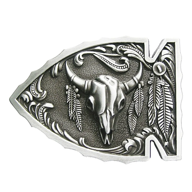 Gürtelschnalle Buckle Gürtelschließe Pfeilspitze Skull Longhorn Federn silber