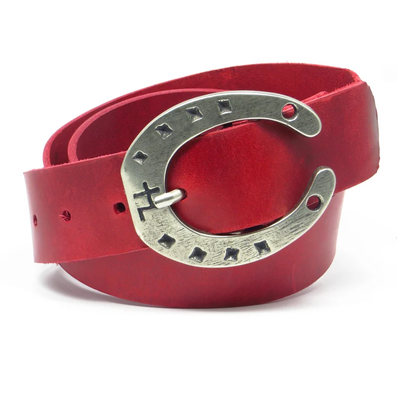 Ledergürtel 4 cm breit rot Rindsleder mit Hufeisenschnalle Silber