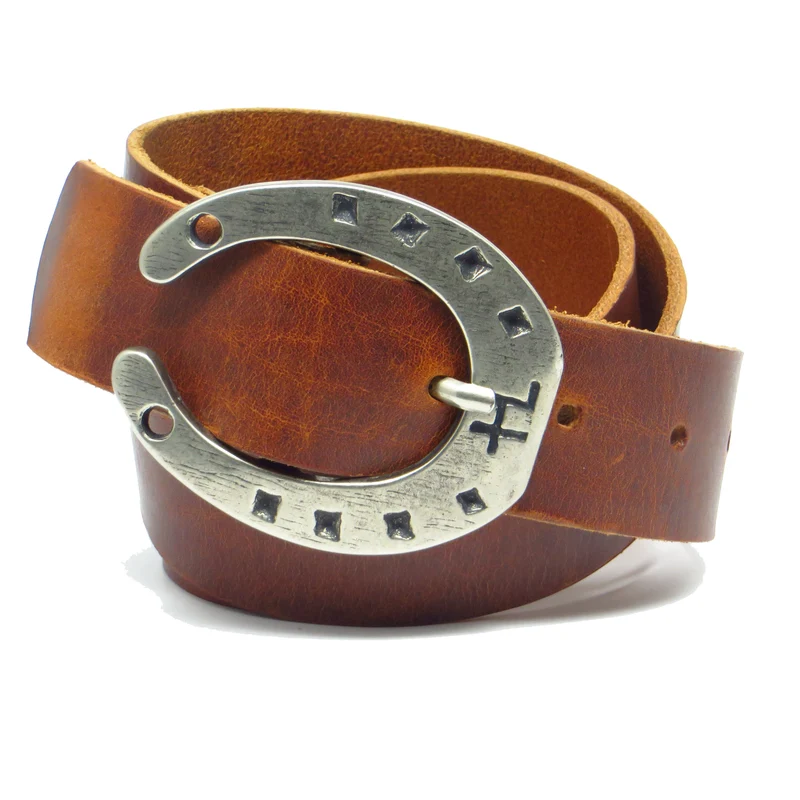 Ledergürtel 4 cm breit cognac braun Rindsleder mit Hufeisenschnalle Silber