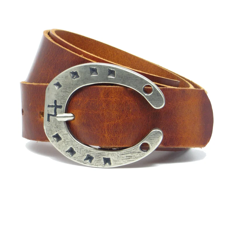 Ledergürtel 4 cm breit cognac braun Rindsleder mit Hufeisenschnalle Silber