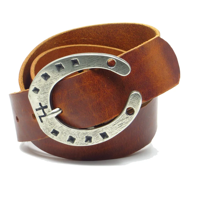 Ledergürtel 4 cm breit cognac braun Rindsleder mit Hufeisenschnalle Silber