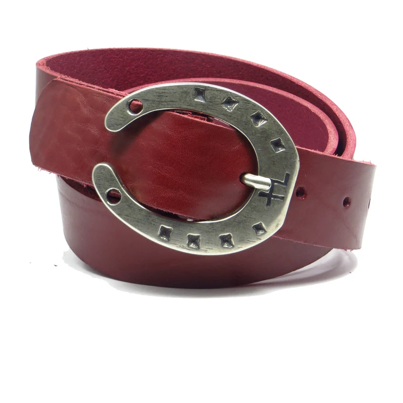 Ledergürtel 4 cm breit bordeaux rot Rindsleder mit Hufeisenschnalle Silber